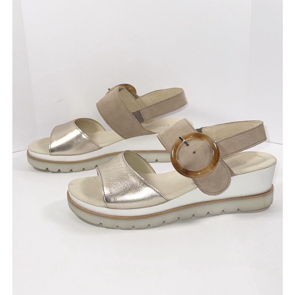 Gabor Buckle Platform Wedge Sandal Slingback Metallic Leather Strap 8.5 US 39 EU